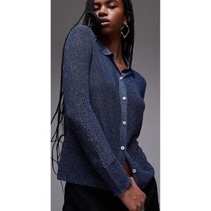 NWT‎ Mango Kling Blue Silver Sparkle Lurex Knit Button Front Shirt 3XL